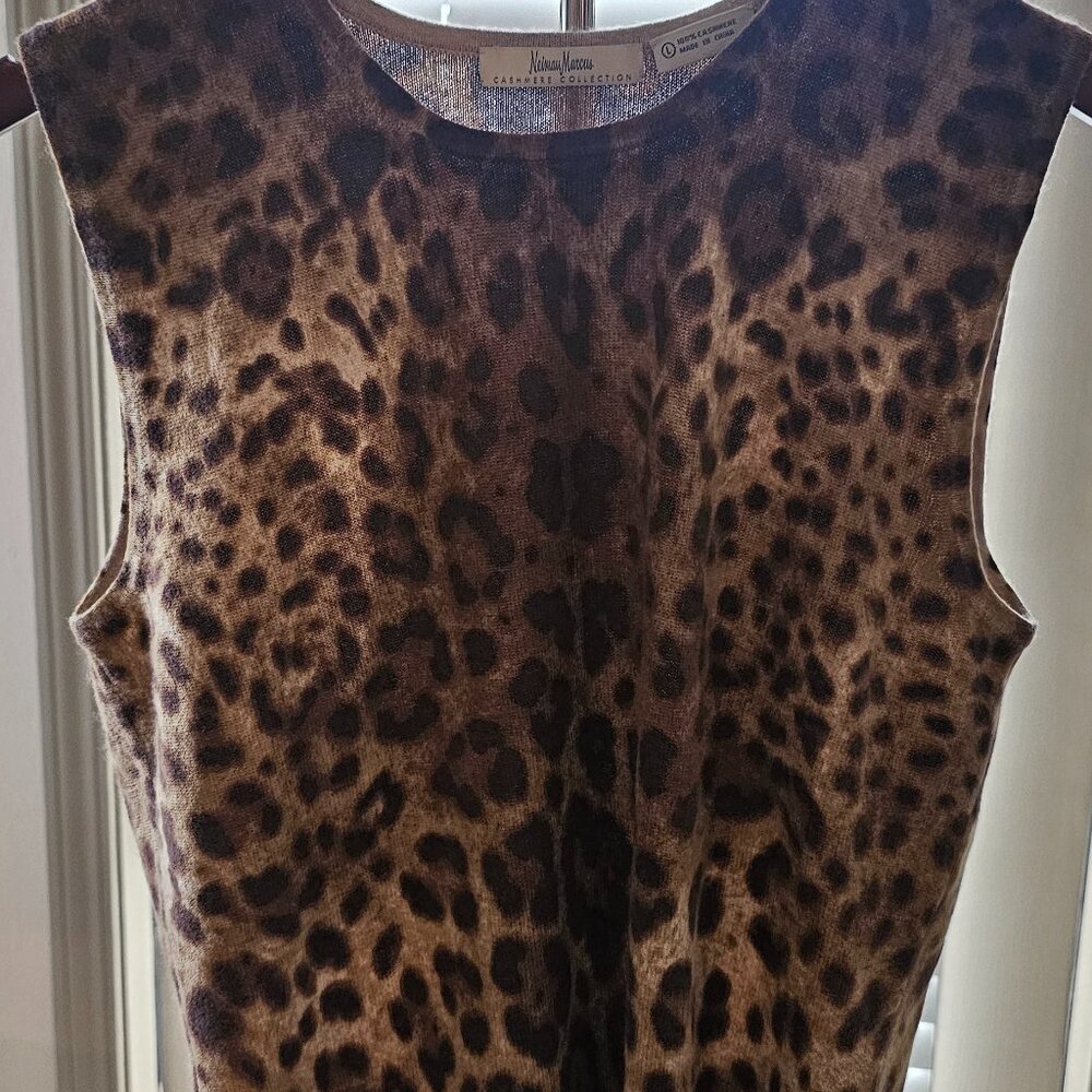 Neiman Marcus Cashmere Collection Women's Brown Animal-Print Tank Top Sz L